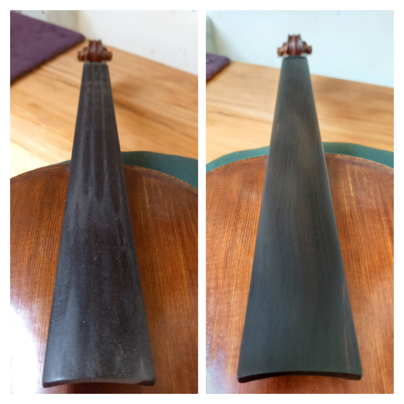 Before and after of a violin's fingerboard